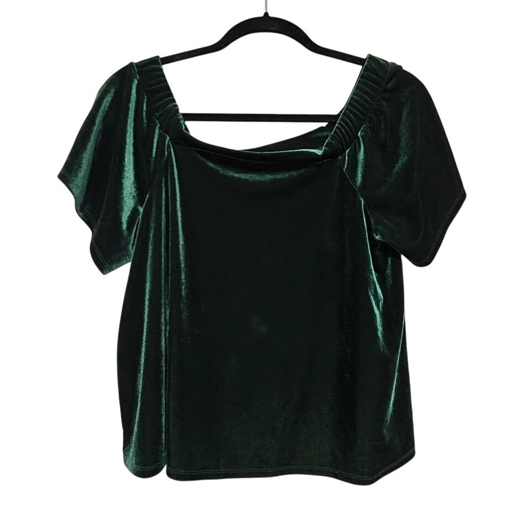 Emerald Green Velvet Top Square Neck Flutter Sleeve Womans Medium Holiday Luxe ~